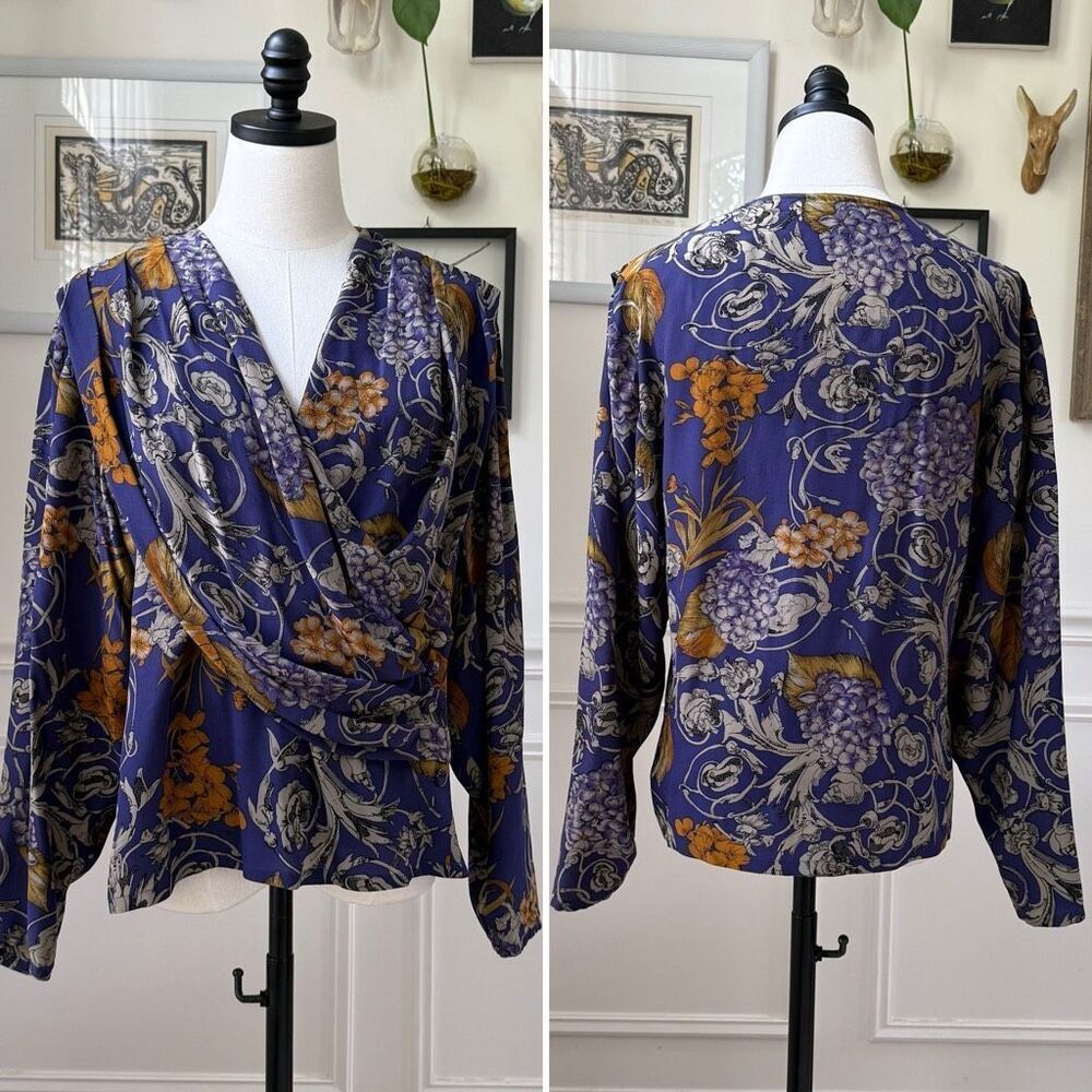 Vintage 90s Sandra Roth 100% Silk Double Breasted Blouse Floral Filagree 12